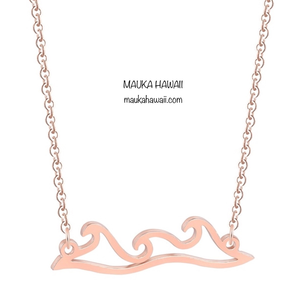 Stainless Ocean Beach Waves Rose Gold Silhouette Pendant Necklace 18” Chain New!